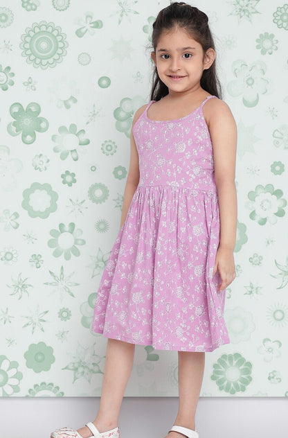 Girls Lavender Floral Printed Cotton Fit & Flare Dress