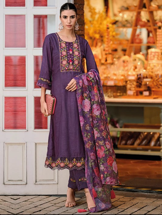 Purple Embroidered A-Line Kurta Trousers With Dupatta Set