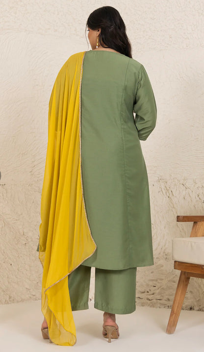 Olive Chinnon Yoke Embroidery Panelled Kurta Set