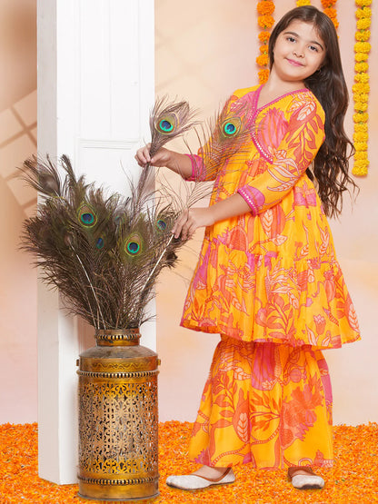 Girls Yellow Floral Printed Alia Design Kurta With Sharara