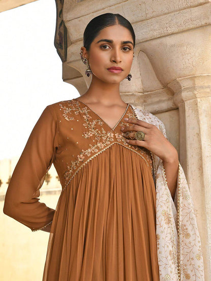 Brown Georgette Floral Embroidery Kurta With Palazzo And Dupatta