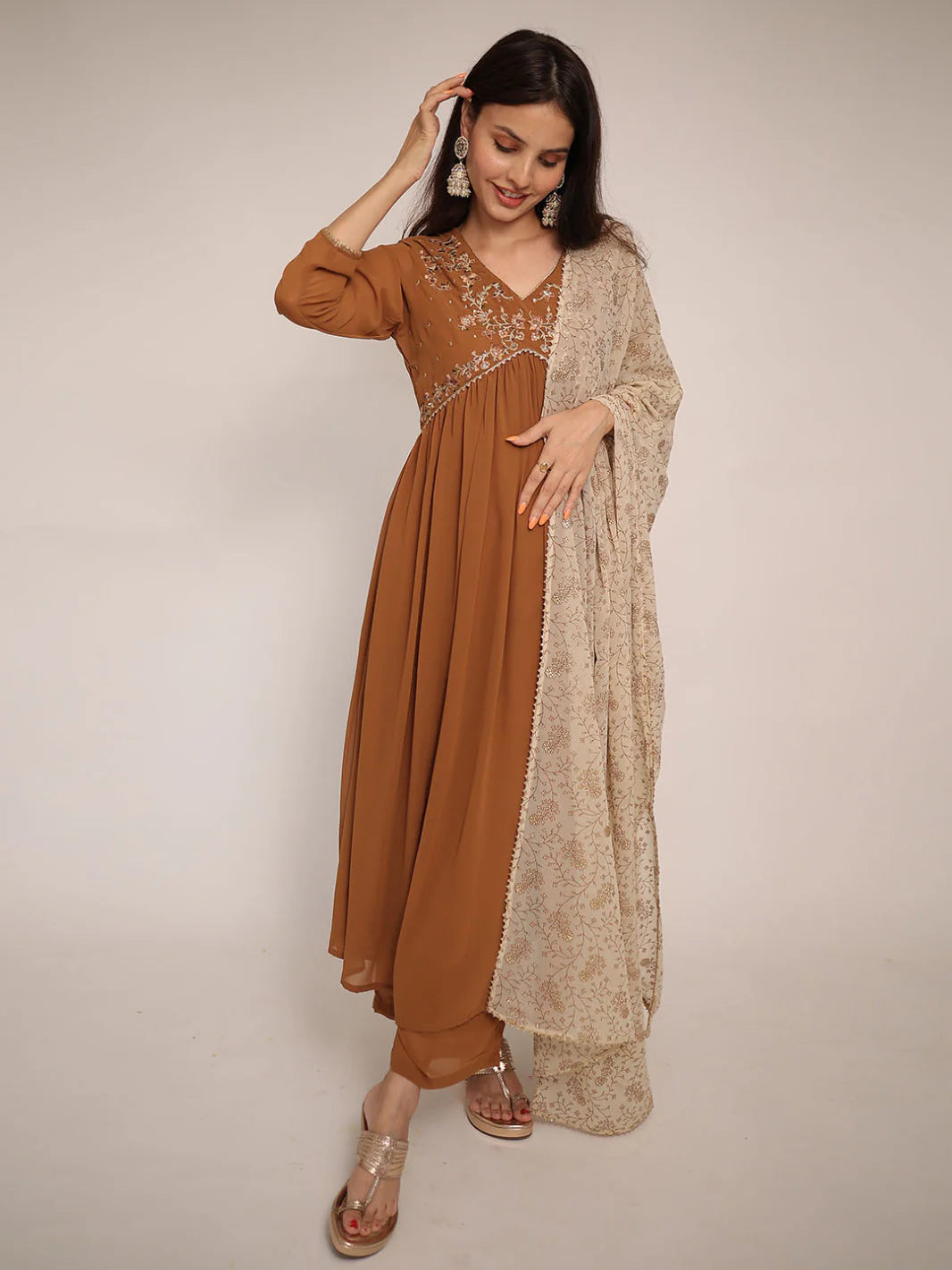 Brown Georgette Floral Embroidery Kurta With Palazzo And Dupatta