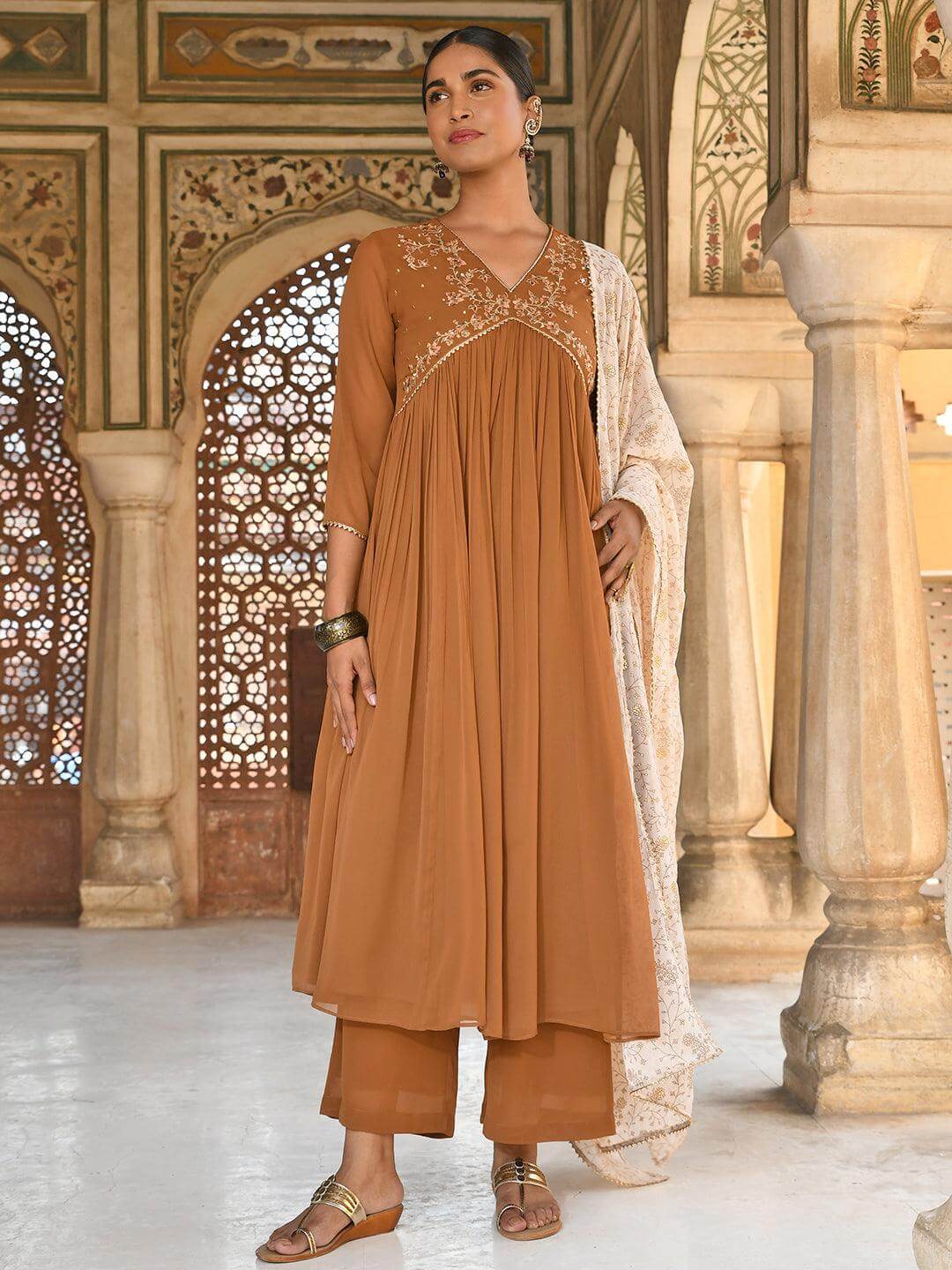 Brown Georgette Floral Embroidery Kurta With Palazzo And Dupatta