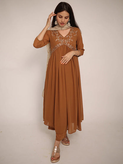 Brown Georgette Floral Embroidery Kurta With Palazzo And Dupatta