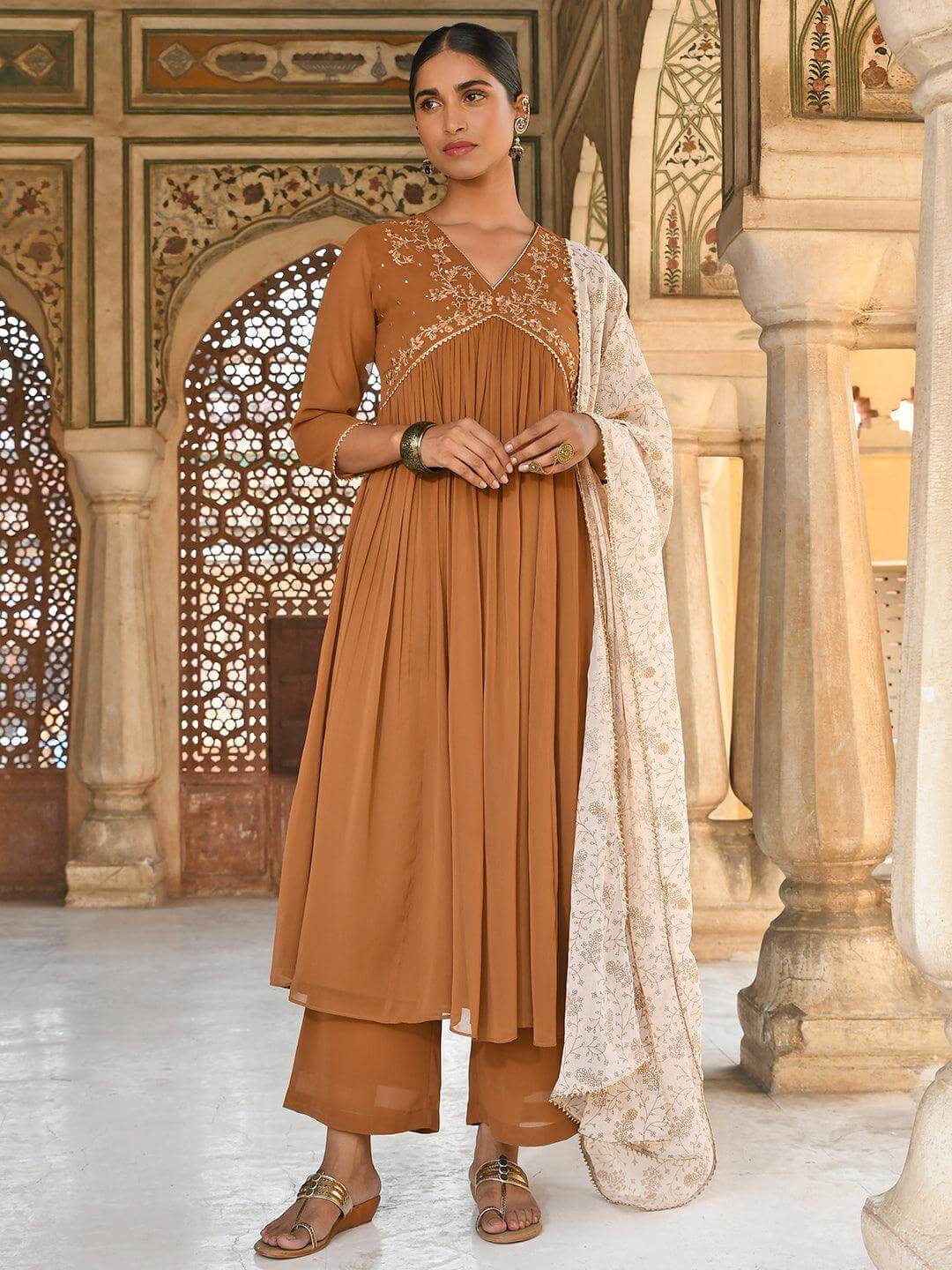 Brown Georgette Floral Embroidery Kurta With Palazzo And Dupatta