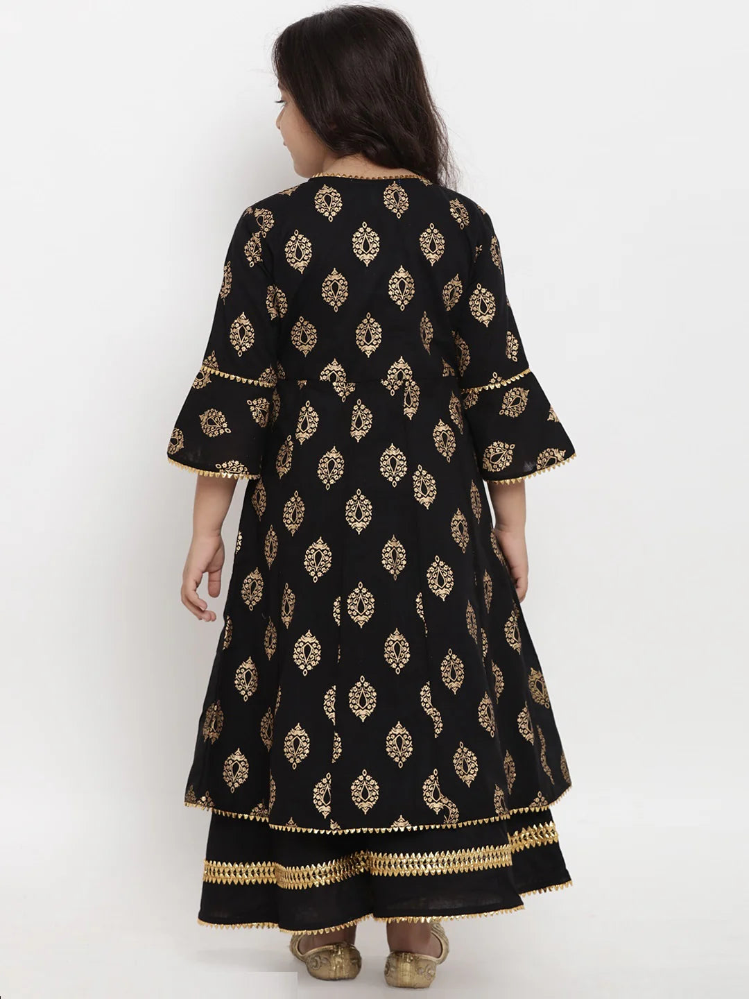 Girls Black Foil Printed Angrakha Kurta With Palazzos