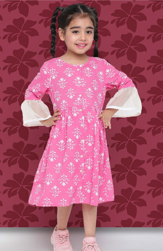 Girls Pink Floral Printed Bell Sleeve Cotton A-Line Dress