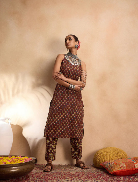 Brown Printed Straight Kurta Trousers set