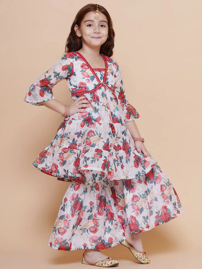 Girls Red Rose Printed Kurta with Sharara