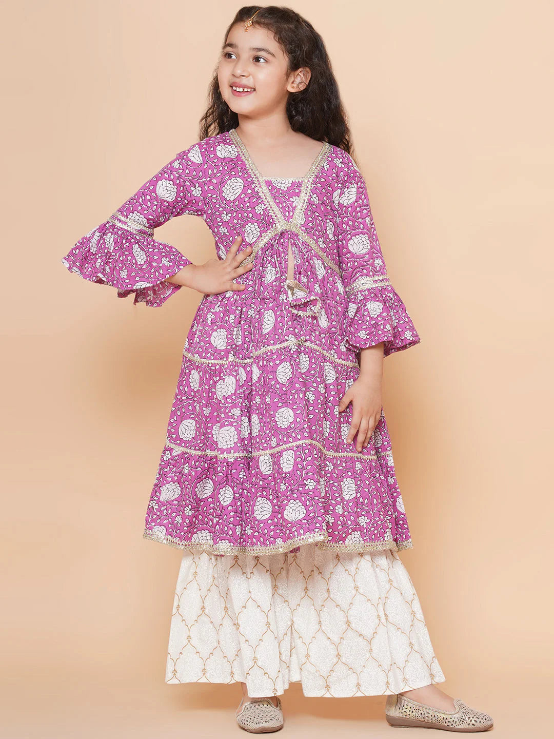 Girls Purple Printed Kurta with Sharara