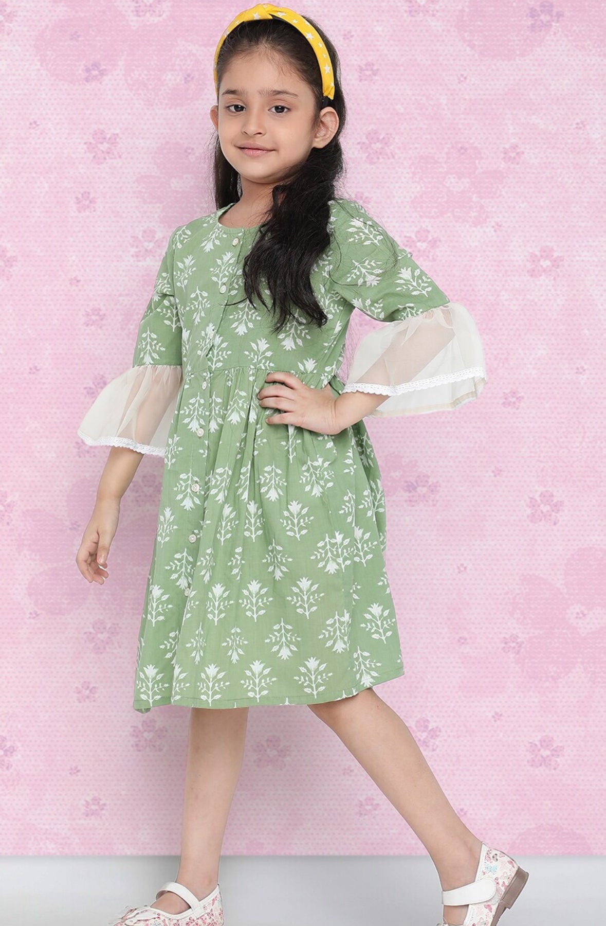 Girls Green Floral Printed Bell Sleeve Cotton A-Line Dress