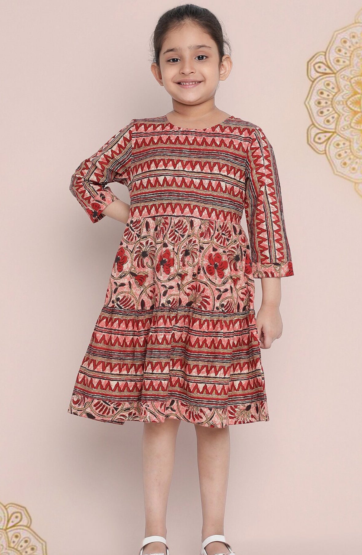 Girls Pink Ethnic Print Pure Cotton Fit & Flare Dress