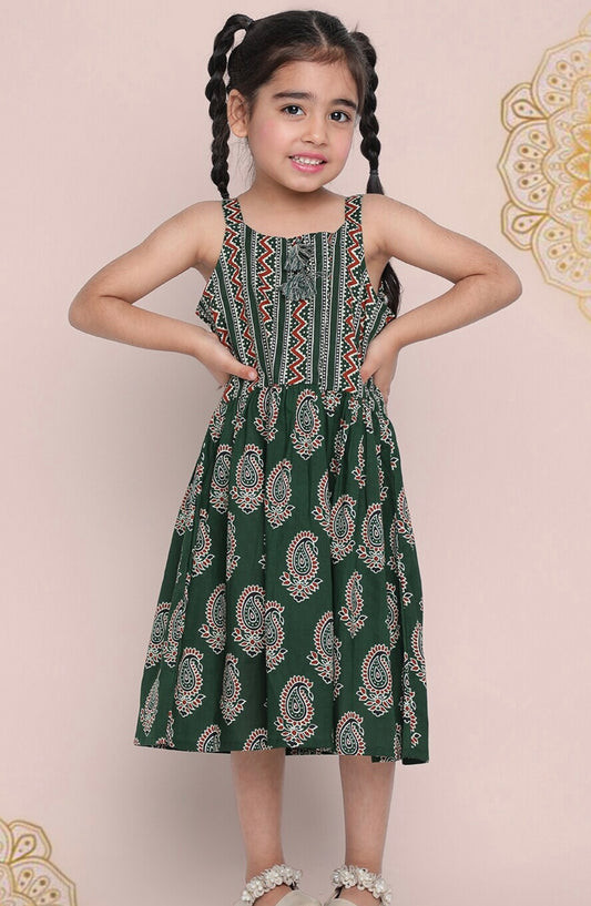 Girls Green Ethnic Motifs Printed Cotton Fit & Flare Midi Dress