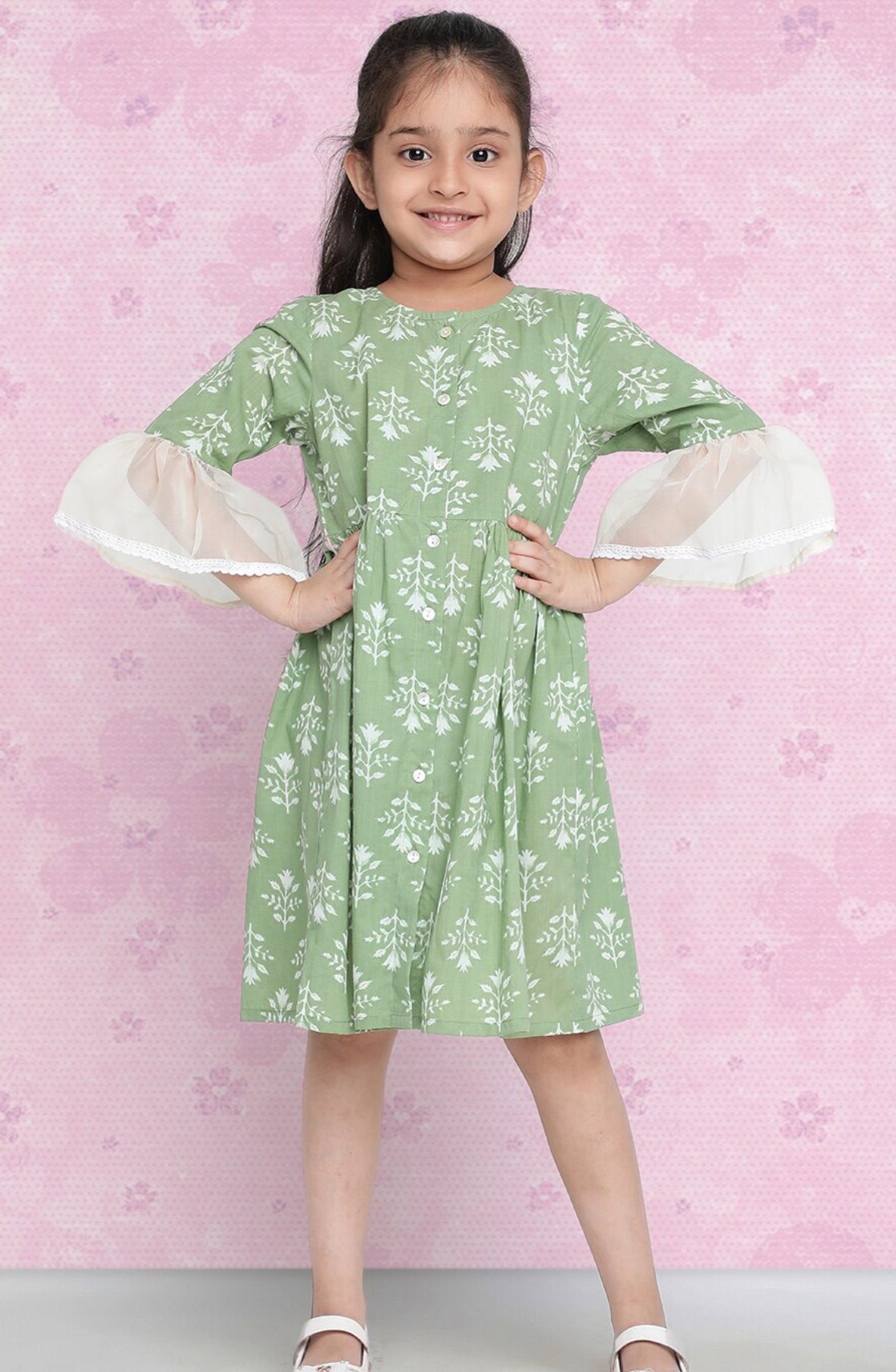 Girls Green Floral Printed Bell Sleeve Cotton A-Line Dress