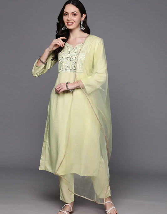 Sea Green Embroidered Regular Mirror Work Kurta with Trousers & With Dupatta