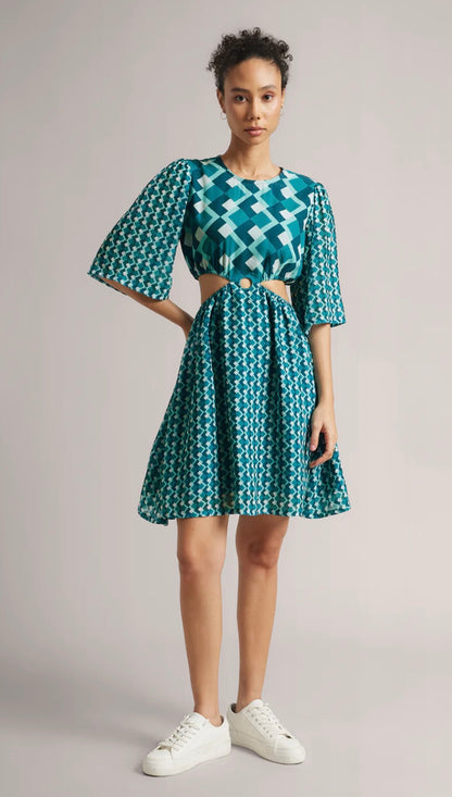 Teal Georgette Geometric Side Cut-Out Dress