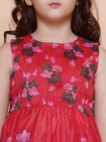 Girls Red Floral Printed Kurta With Sharara