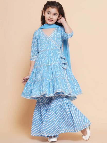 Girls blue Bandhani Printed Angrakha Gotta Patti Kurta With Sharara With Dupatta