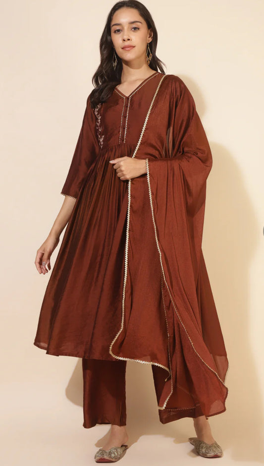 Brown Chanderi Embellished Kurta with Palazzo and Dupatta