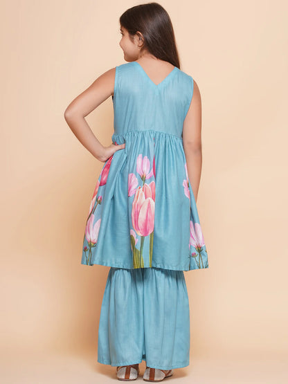 Girls Turquoise Blue Printed Alia Design Kurta & Sharara