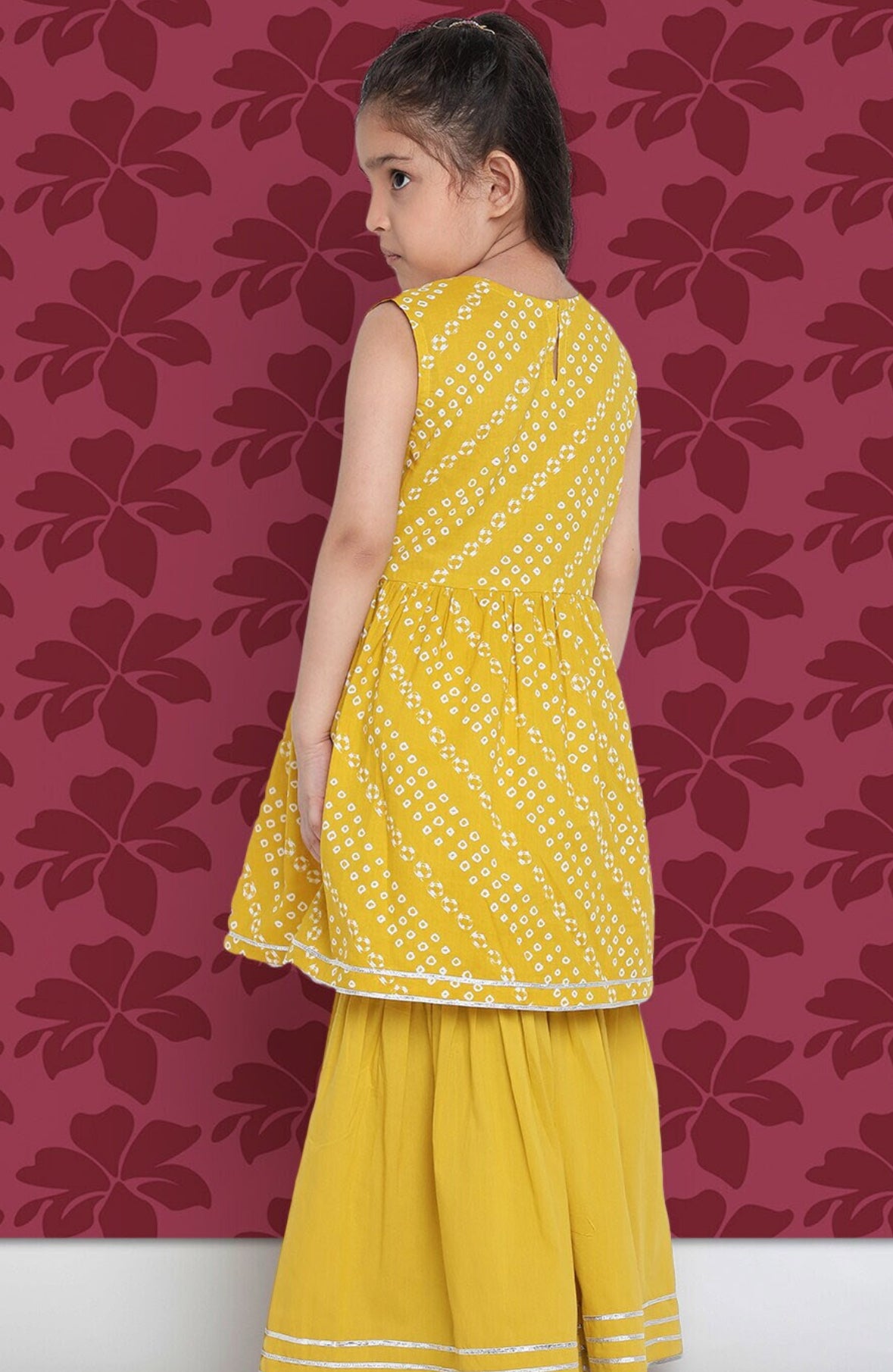 Girls Yellow Bandhani Printed A-Line Kurta with Sharara