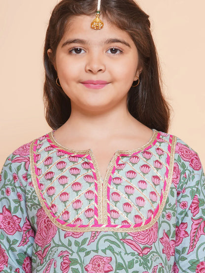 Girls Blue Pink Printed Anarkali Kurta & Palazzos