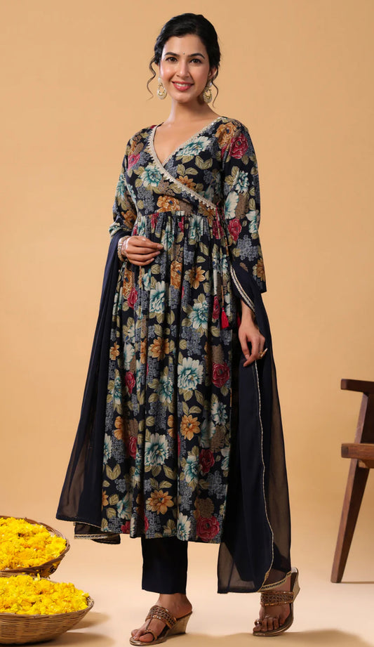 Navy Blue Chanderi Blend Angrakha Kurta Set