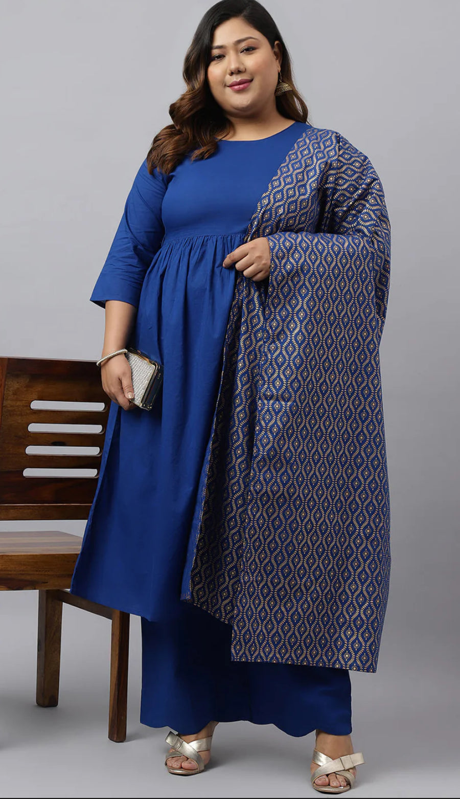 Blue Cotton Solid Kurta with Palazzo and Dupatta