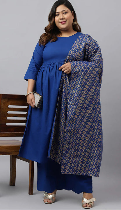 Blue Cotton Solid Kurta with Palazzo and Dupatta