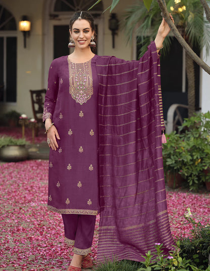 Burgundy Embroidered Straight Kurta Trousers With Dupatta Set