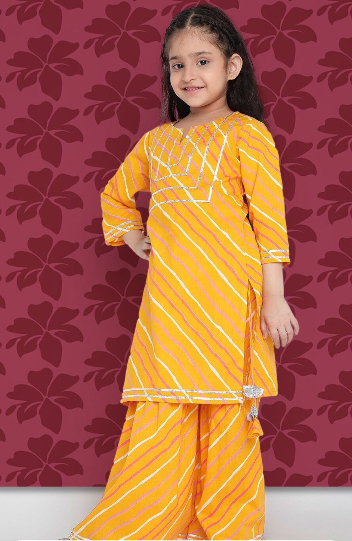 Girls Mustard Yellow Leheriya Printed Regular Gotta Patti Kurta With Sharara