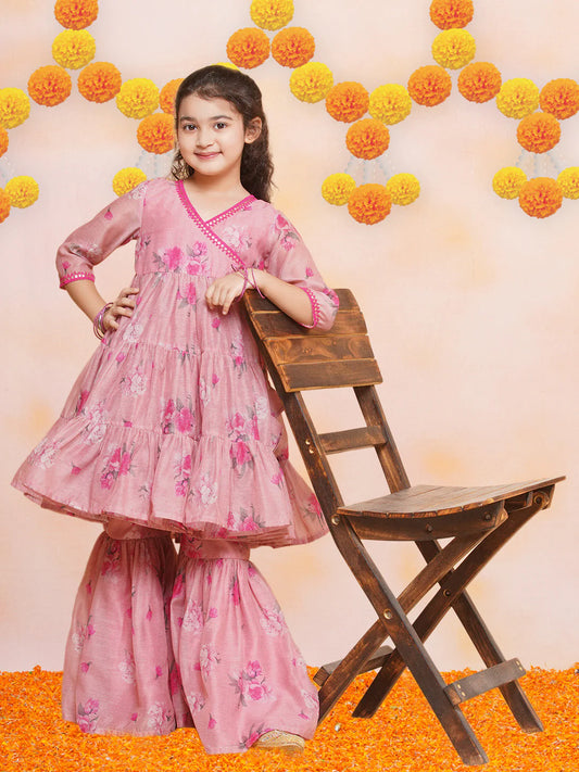 Girls Pink Printed Angrakha Kurta with Sharara