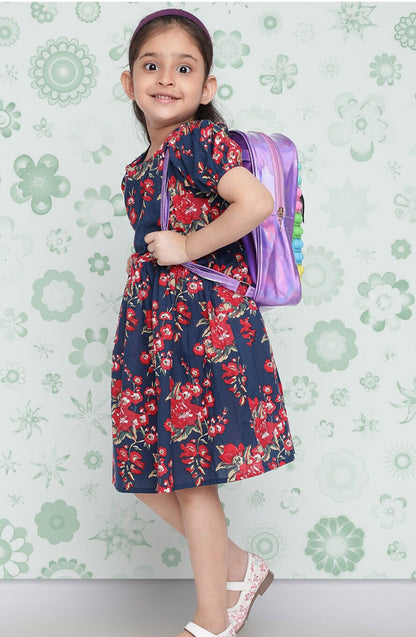 Girls Navy Blue Floral Printed Cotton A-Line Dress