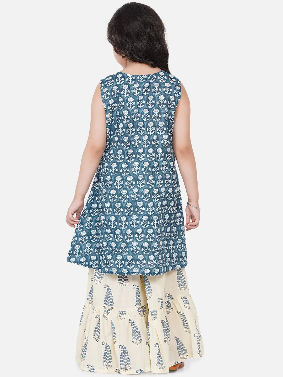 Girls Blue-Printed Kurta With Sharara