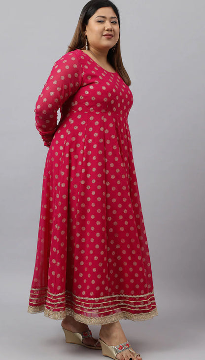 Bright Pink Georgette Foil Print Kurta with Dupatta