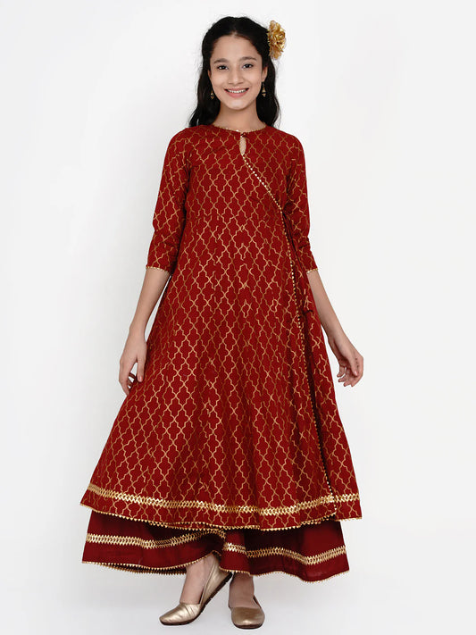 Girls Maroon & Gold Ethnic Motifs Printed Anarkali Kurta With Palazzos