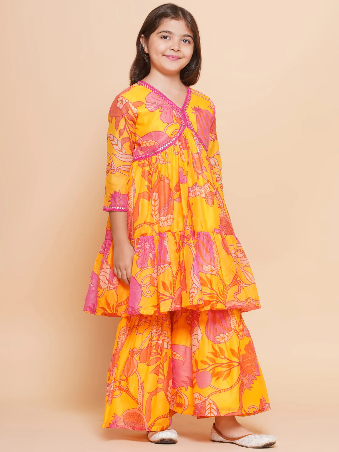 Girls Yellow Floral Printed Alia Design Kurta With Sharara