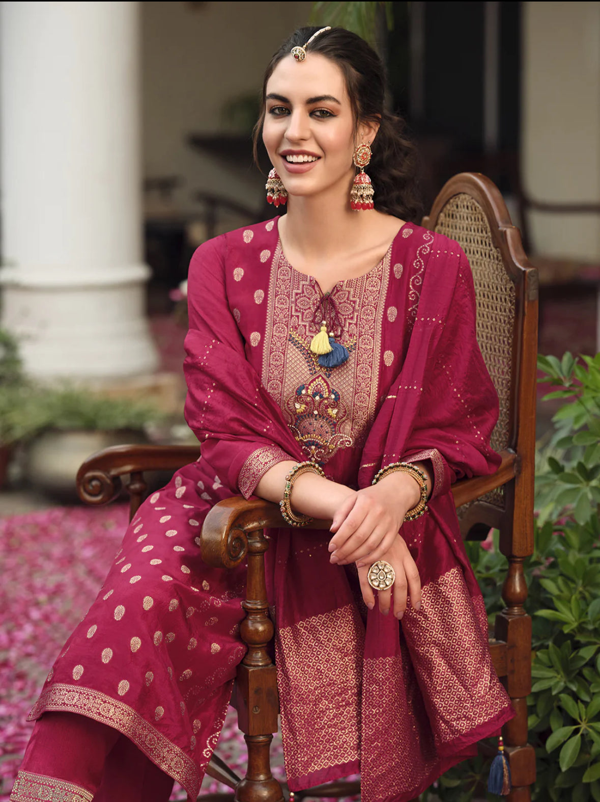 Burgundy Embroidered Straight Kurta Trousers With Dupatta Set