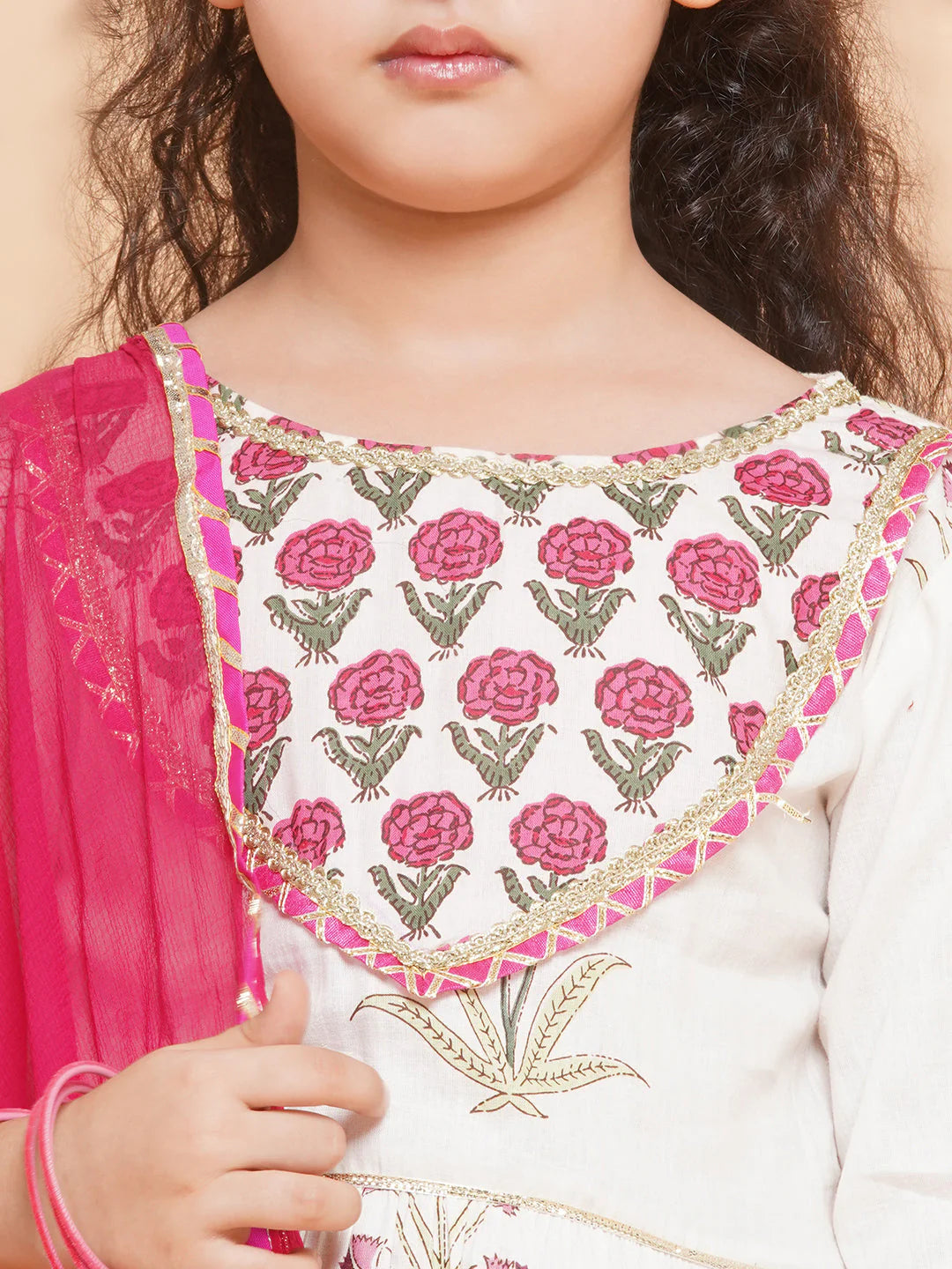 Girls Off-white Pink Printed Round- Neck Kurta with Sharara with Dupatta