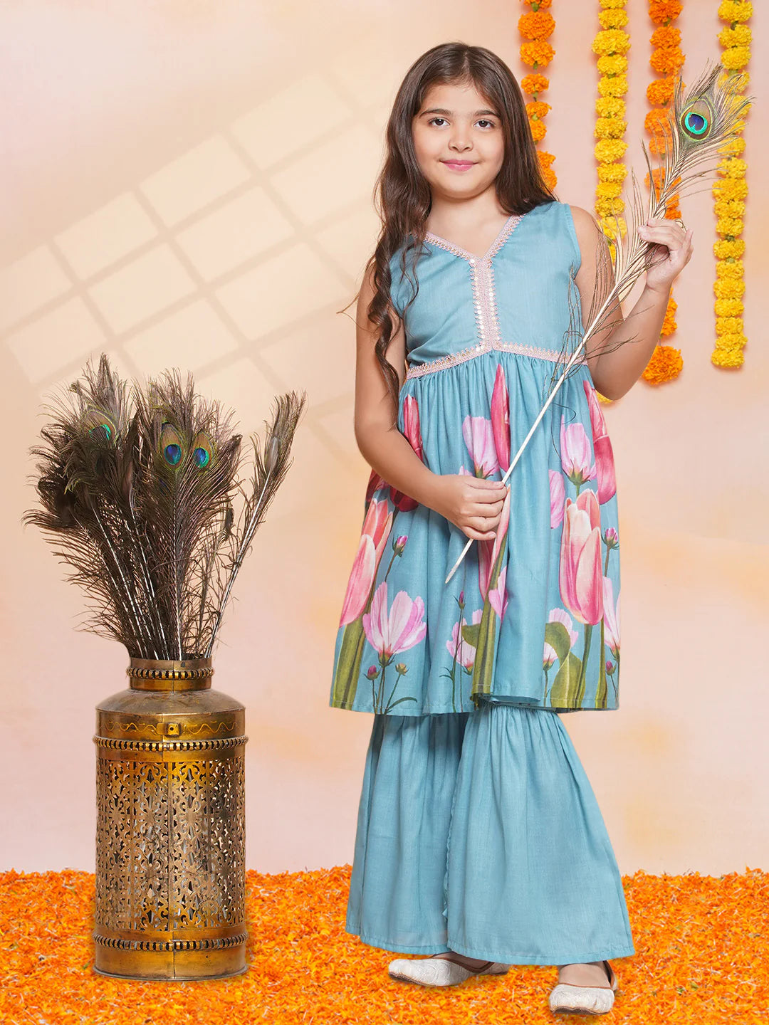 Girls Turquoise Blue Printed Alia Design Kurta & Sharara