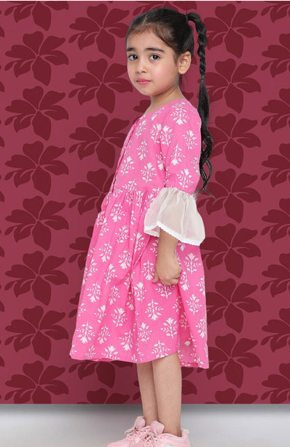 Girls Pink Floral Printed Bell Sleeve Cotton A-Line Dress