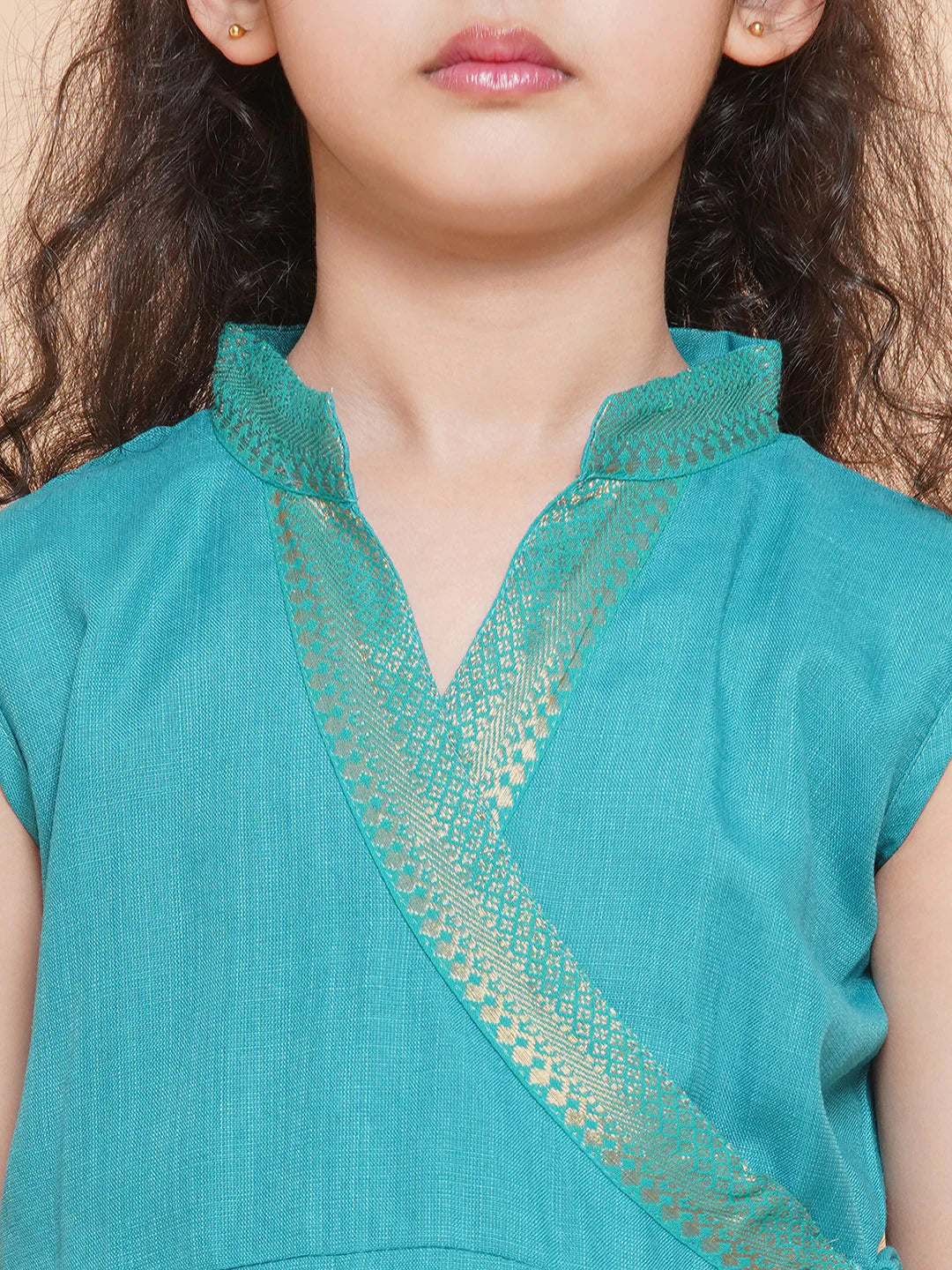 Girls Sea Green Angrakha Kurta With Palazzos