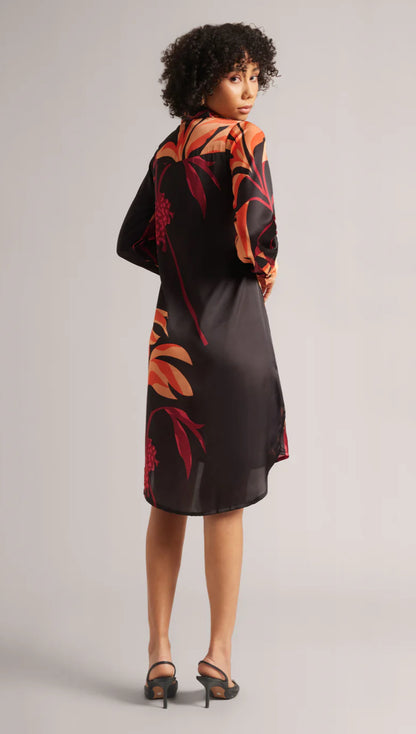 Black Satin Abstract Button Down Dress