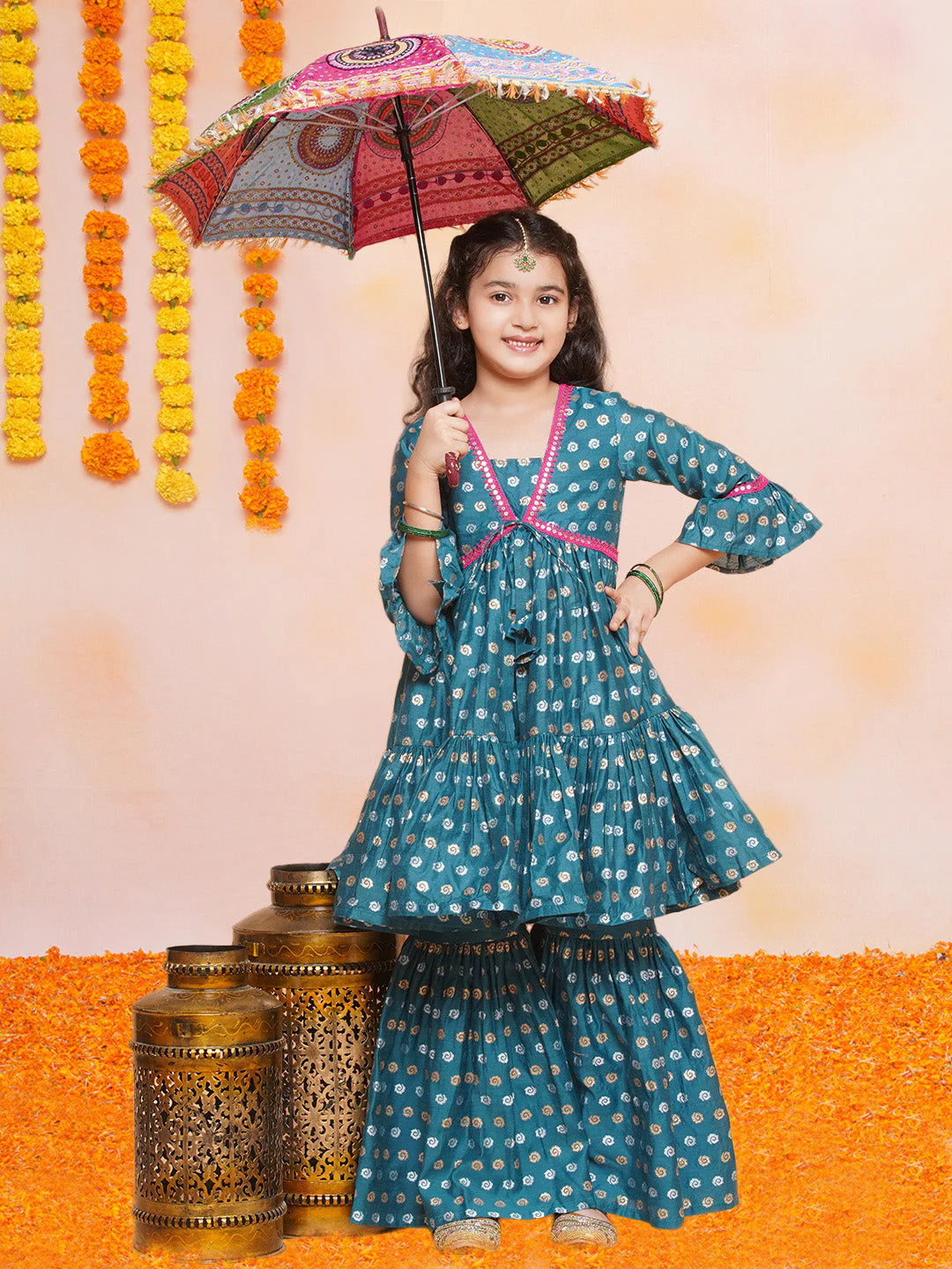 Girls Teal Blue Printed V-Neck Kurta with Sharara