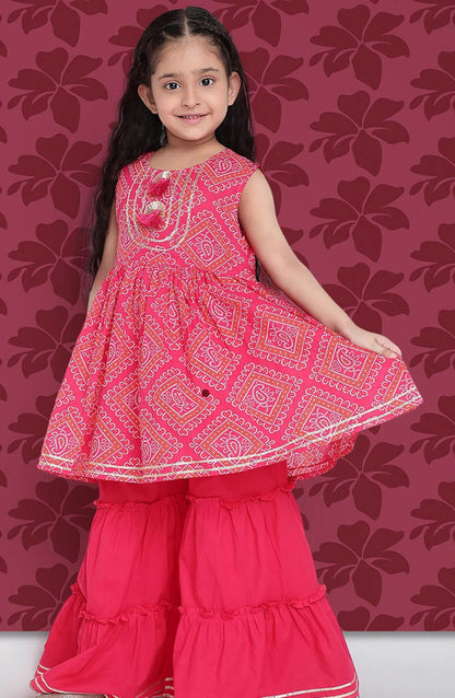 Girls Bandhani Printed A-Line Regular Gotta Patti Kurta With Sharara & Dupatta