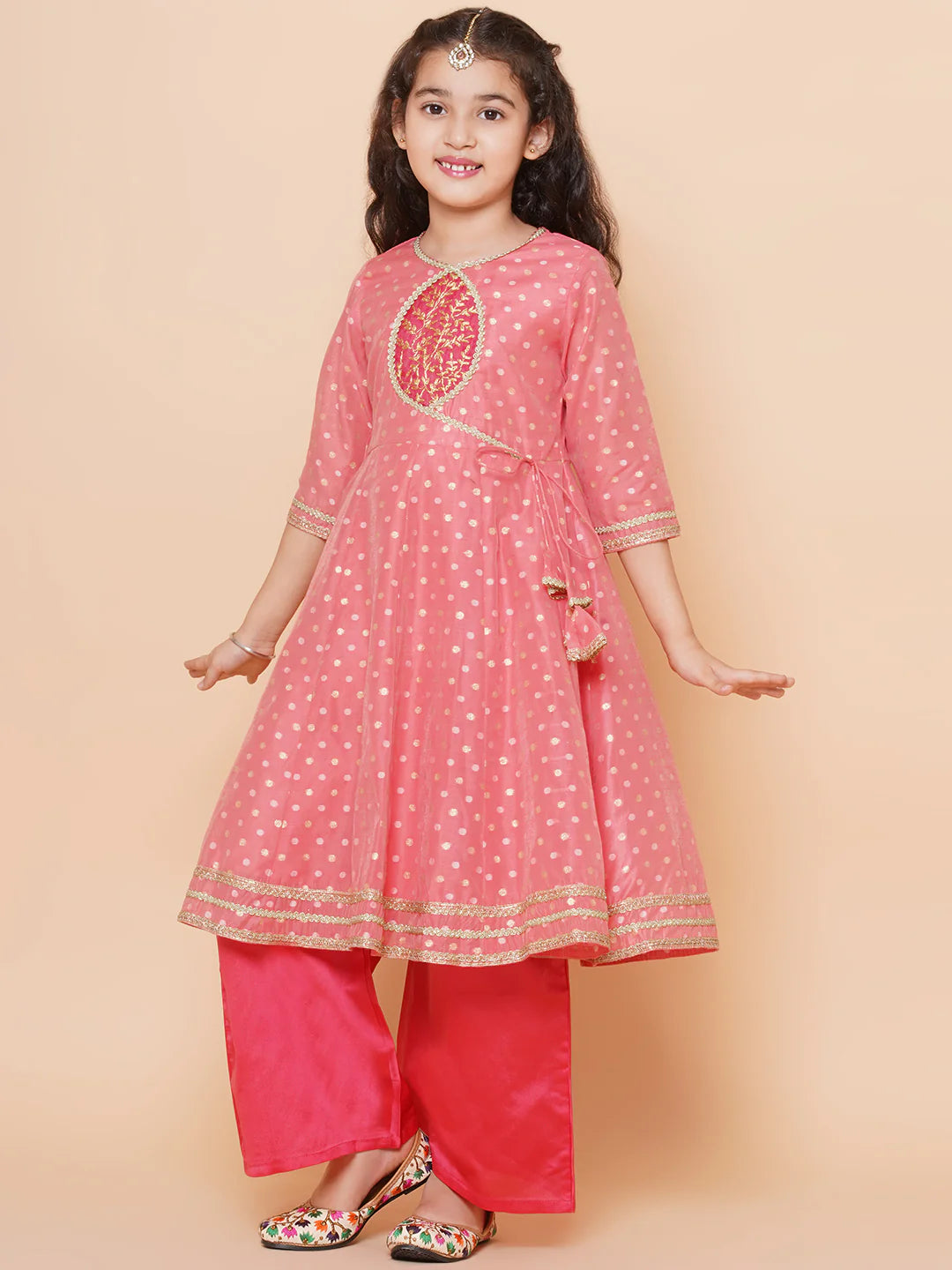 Girls Peach Self design Booti Angrakha Gotta Patti Kurta & with Trouser & Dupatta