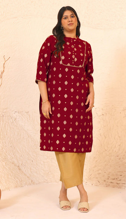 Plus Size Brick Red Crepe Foil Printed Straight kurta