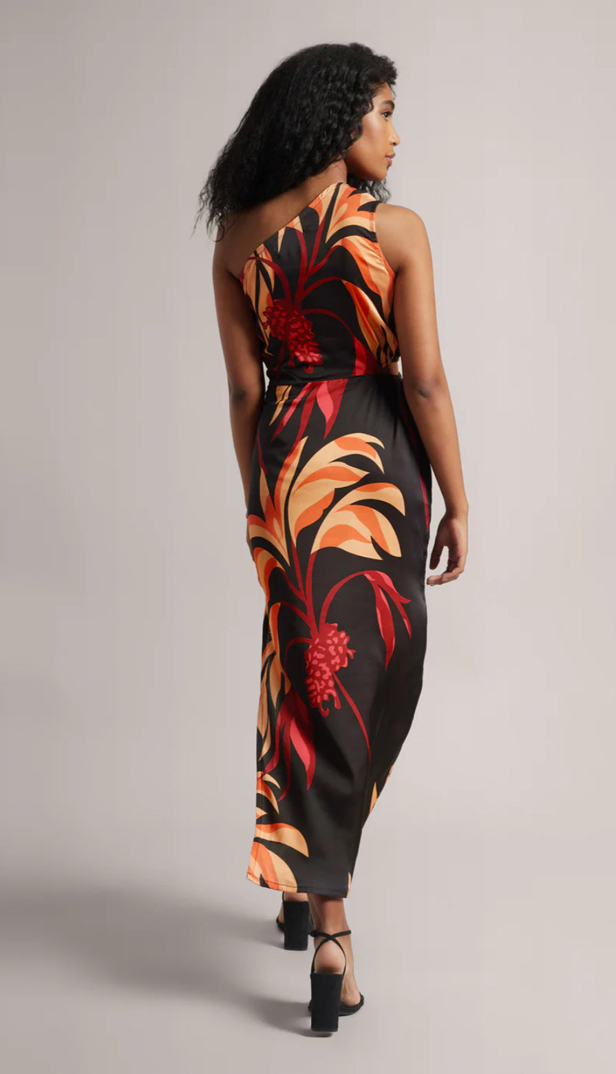 Black Satin Abstract Side Slit Maxi Dress