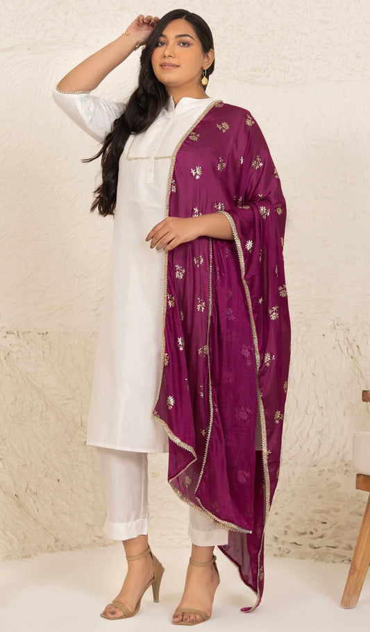 Plus Size White Poly Silk Kurta With Pant and Dupatta