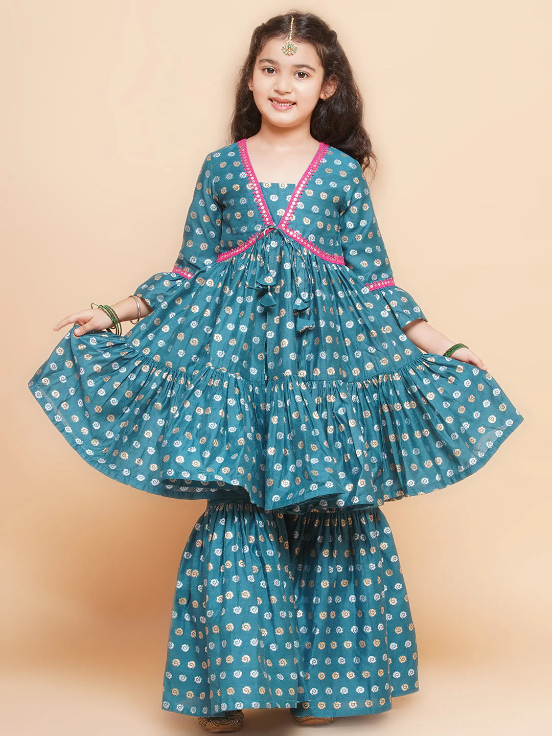 Girls Teal Blue Printed V-Neck Kurta with Sharara